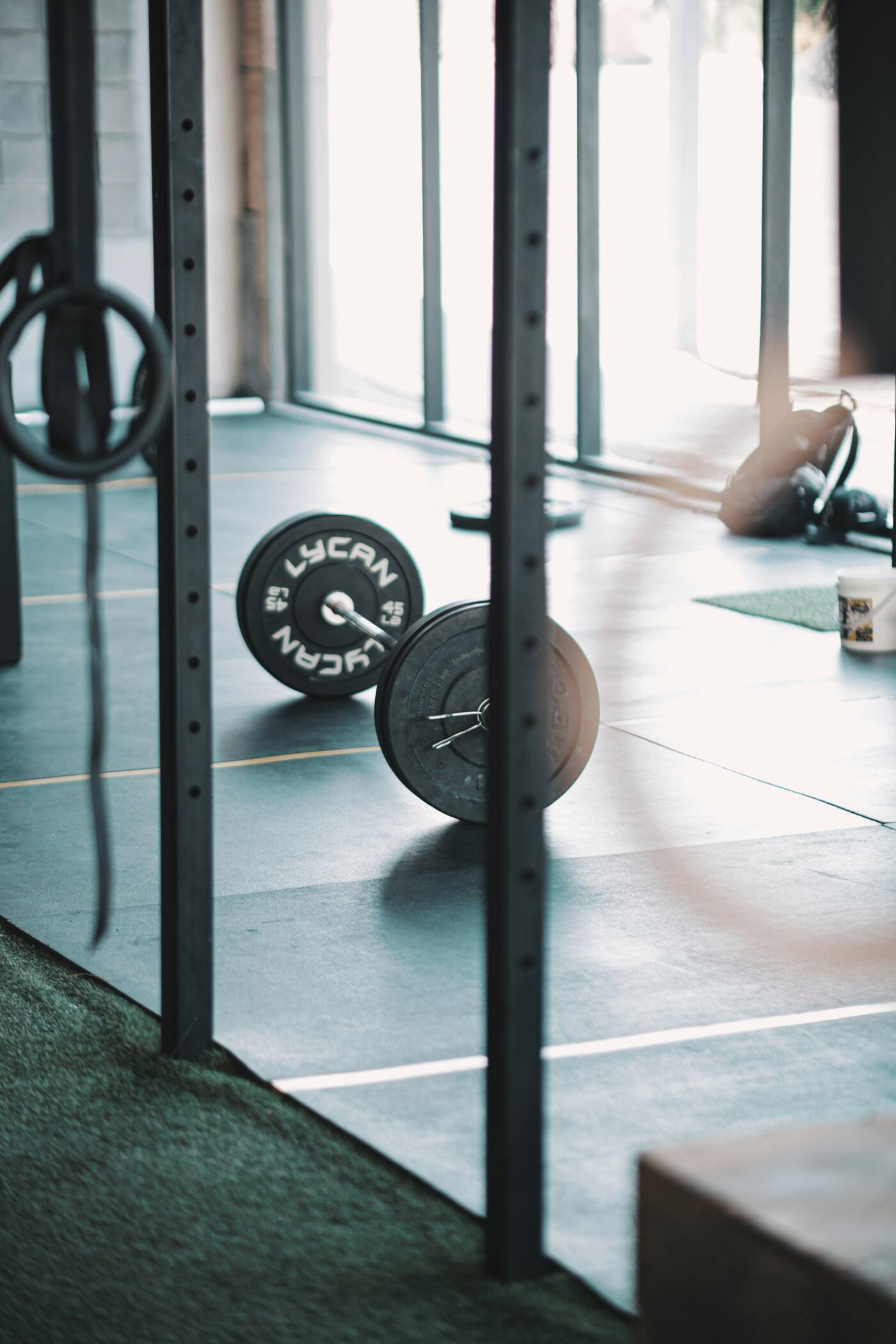 Barbell plates in warm natural window light